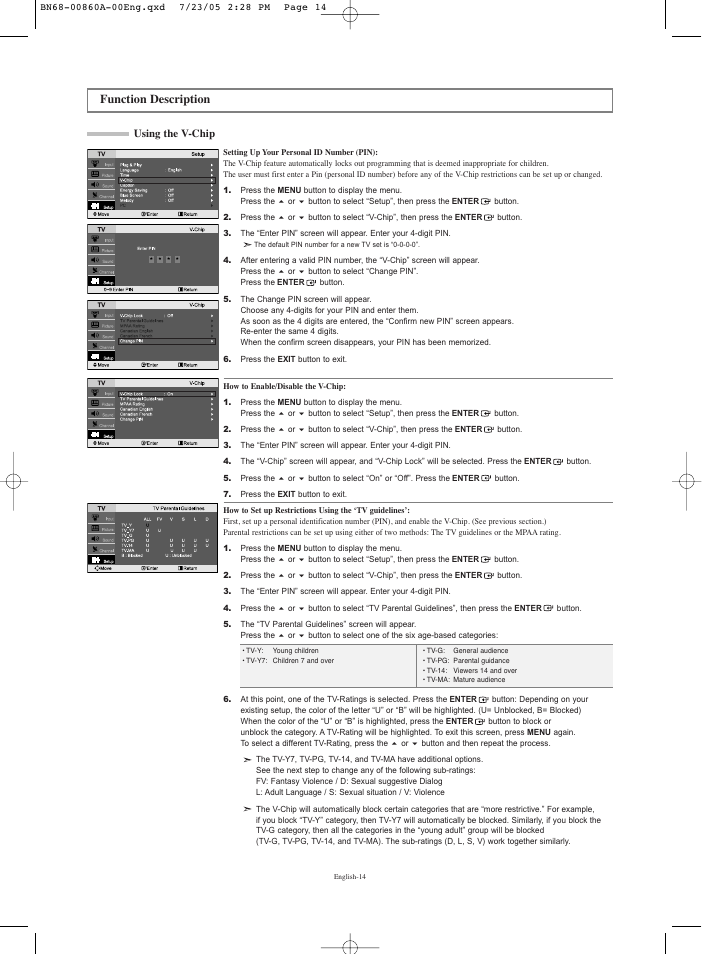 Function description, Using the v-chip | Samsung LNR3255WX-XAA User Manual | Page 16 / 62