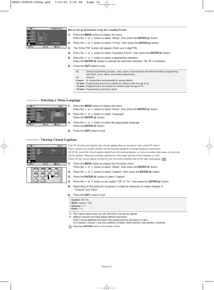Selecting a menu language, Viewing closed captions | Samsung LNR3255WX-XAA User Manual | Page 18 / 62