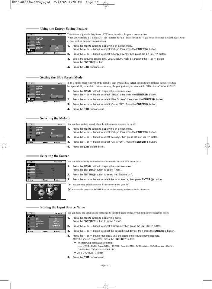 Using the energy saving feature, Setting the blue screen mode, Selecting the melody | Selecting the source, Editing the input source name | Samsung LNR3255WX-XAA User Manual | Page 19 / 62