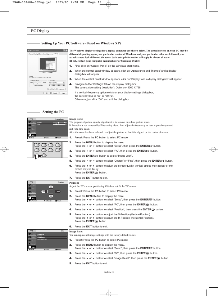 Pc display, Setting up your pc software (based on windows xp), Setting the pc | Samsung LNR3255WX-XAA User Manual | Page 20 / 62