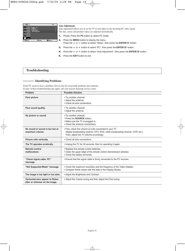 Troubleshooting, Identifying problems | Samsung LNR3255WX-XAA User Manual | Page 21 / 62