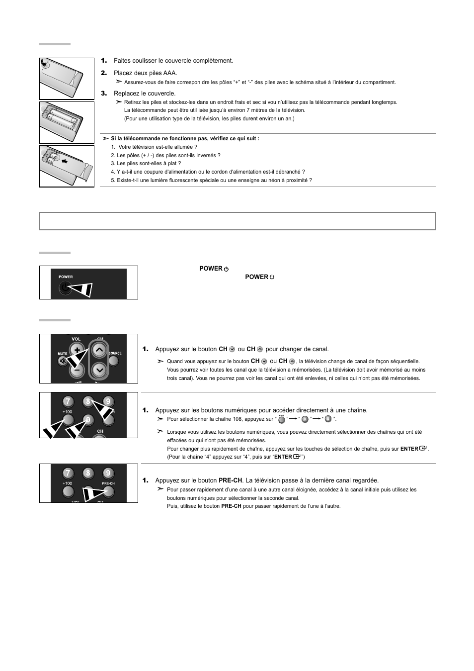 Fonctionnement, Mise en marche et arrêt de la télévision, Changement des canal | Insertion des piles dans la télécommande | Samsung LNR3255WX-XAA User Manual | Page 28 / 62