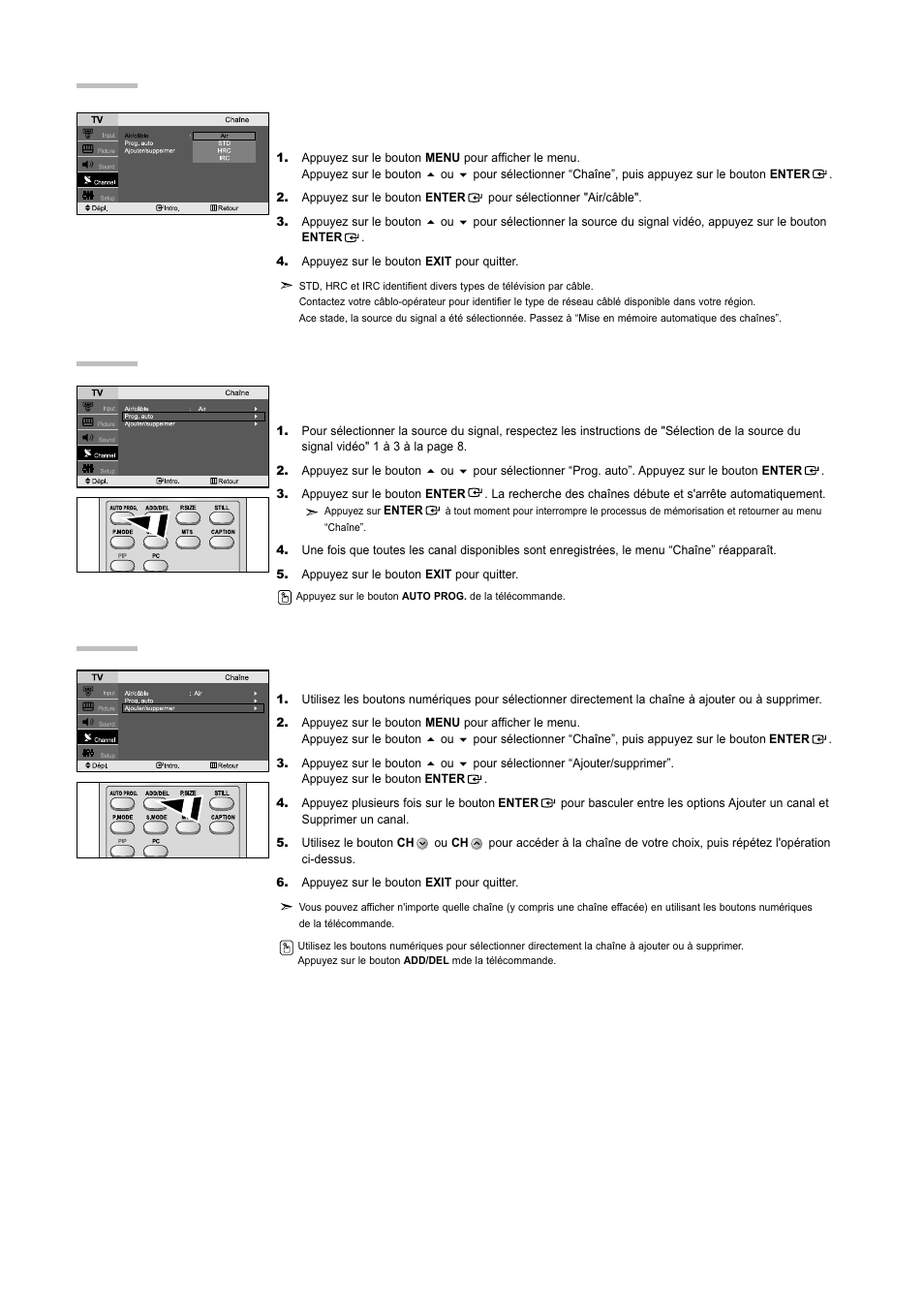 Mise en mémoire manuelle des chaînes, Mise en mémoire automatique des chaînes, Sélection de la source du signal vidéo | Samsung LNR3255WX-XAA User Manual | Page 30 / 62