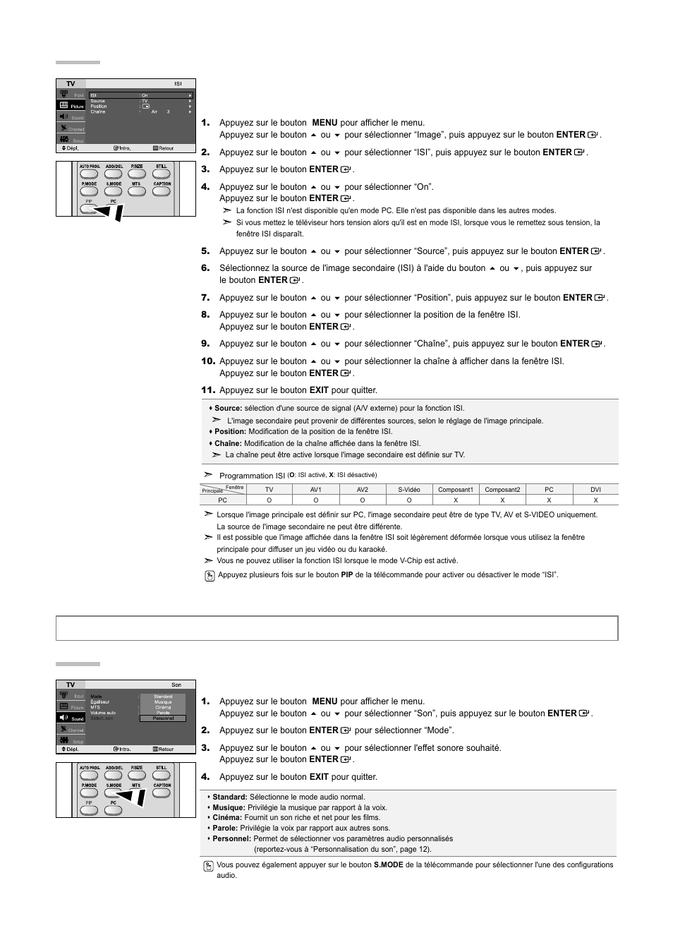 Controle du son, Affichage en mode isi (image en incrustation), Utilisation des paramètres automatiques de son | Samsung LNR3255WX-XAA User Manual | Page 33 / 62