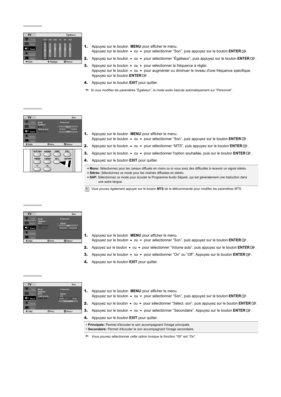 Utilisation du volume automatique, Activation du son de l'image secondaire, Personnalisation du son | Samsung LNR3255WX-XAA User Manual | Page 34 / 62