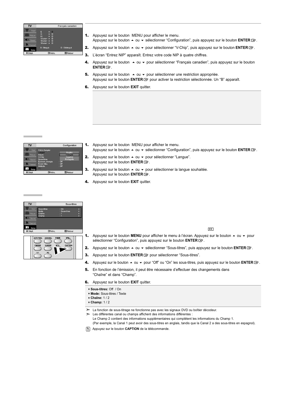 Visualisation des sous-titres codés, Sélection d’une langue de menu | Samsung LNR3255WX-XAA User Manual | Page 38 / 62