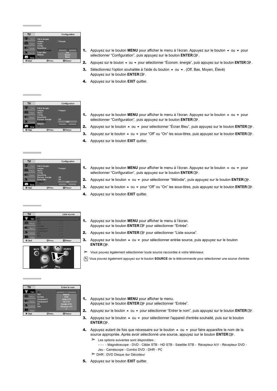 Utilisation de la fonction d'économie d'énergie, Sélection de la source, Modification du nom d'une source d'entrée | Réglage du mode écran bleu, Sélection de la mélodie | Samsung LNR3255WX-XAA User Manual | Page 39 / 62