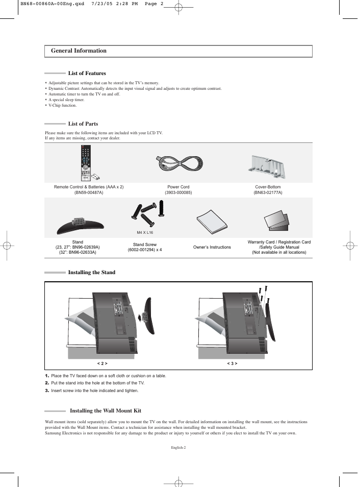 General information, List of features, List of parts | Installing the stand, Installing the wall mount kit | Samsung LNR3255WX-XAA User Manual | Page 4 / 62