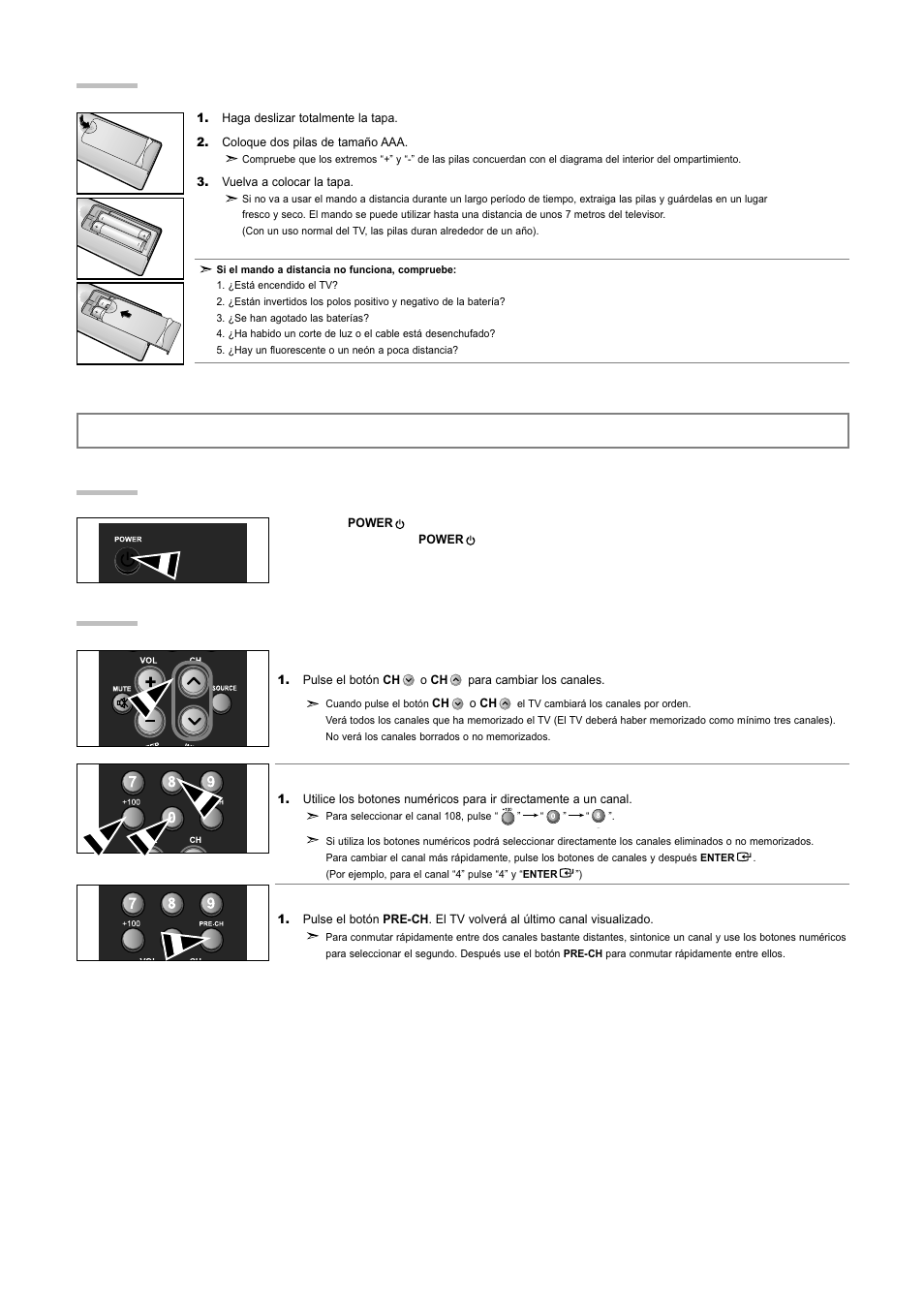 Funcionamiento, Encendido o apagado del tv, Cambio de canales | Instalación de las pilas en el mando a distancia | Samsung LNR3255WX-XAA User Manual | Page 48 / 62