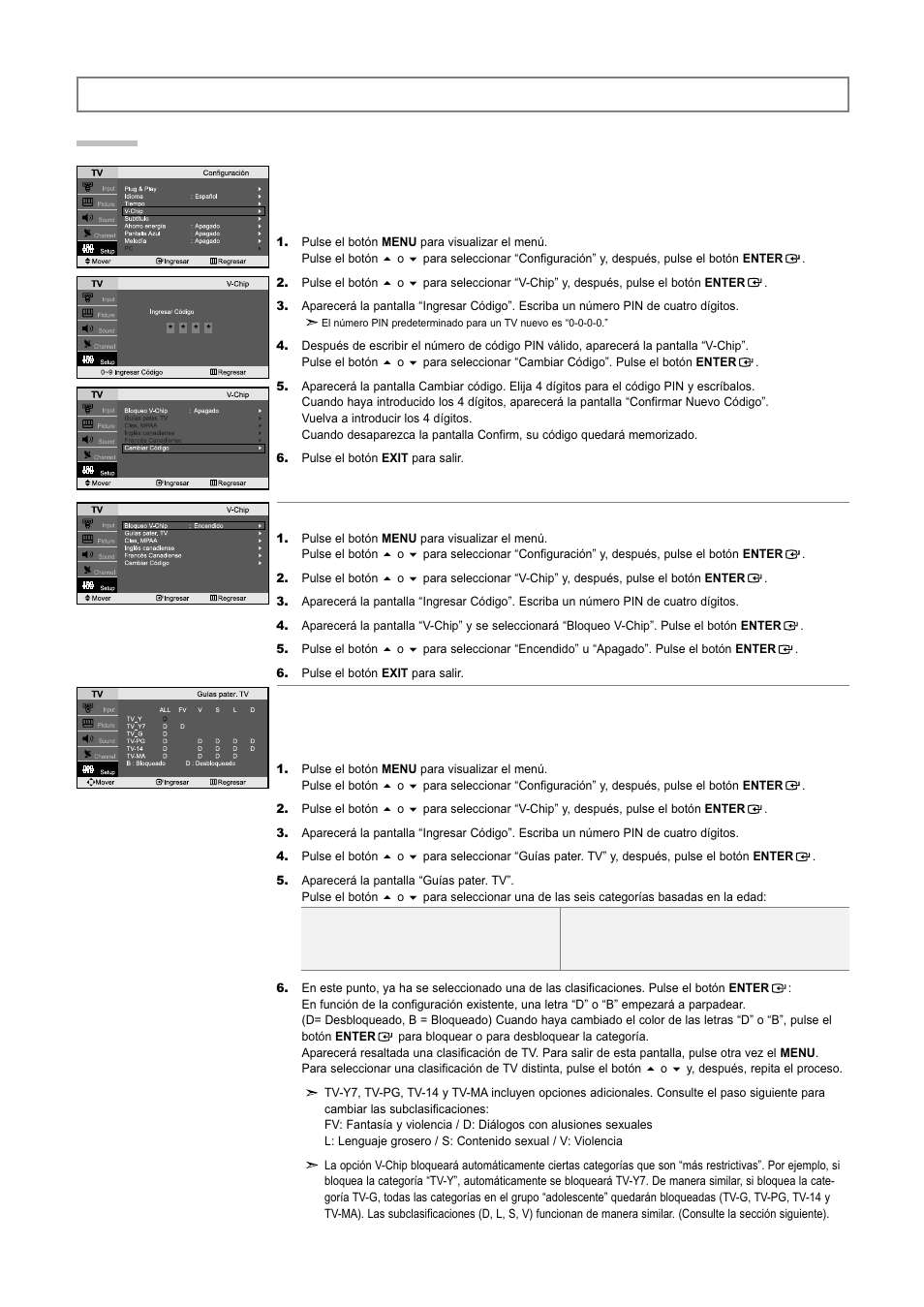 Descripción de las funciones, Uso de v-chip | Samsung LNR3255WX-XAA User Manual | Page 56 / 62