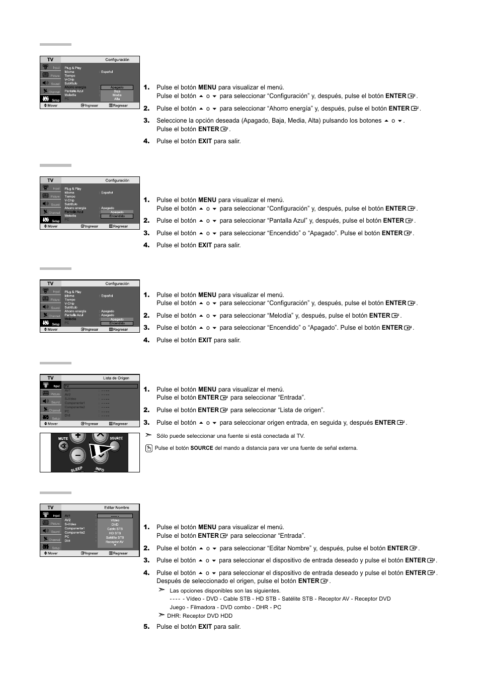 Uso de la función de ahorro de energía, Para seleccionar la fuente, Edición del nombre de la fuente de entrada | Ajuste del modo pantalla azul, Selección de la melodía | Samsung LNR3255WX-XAA User Manual | Page 59 / 62