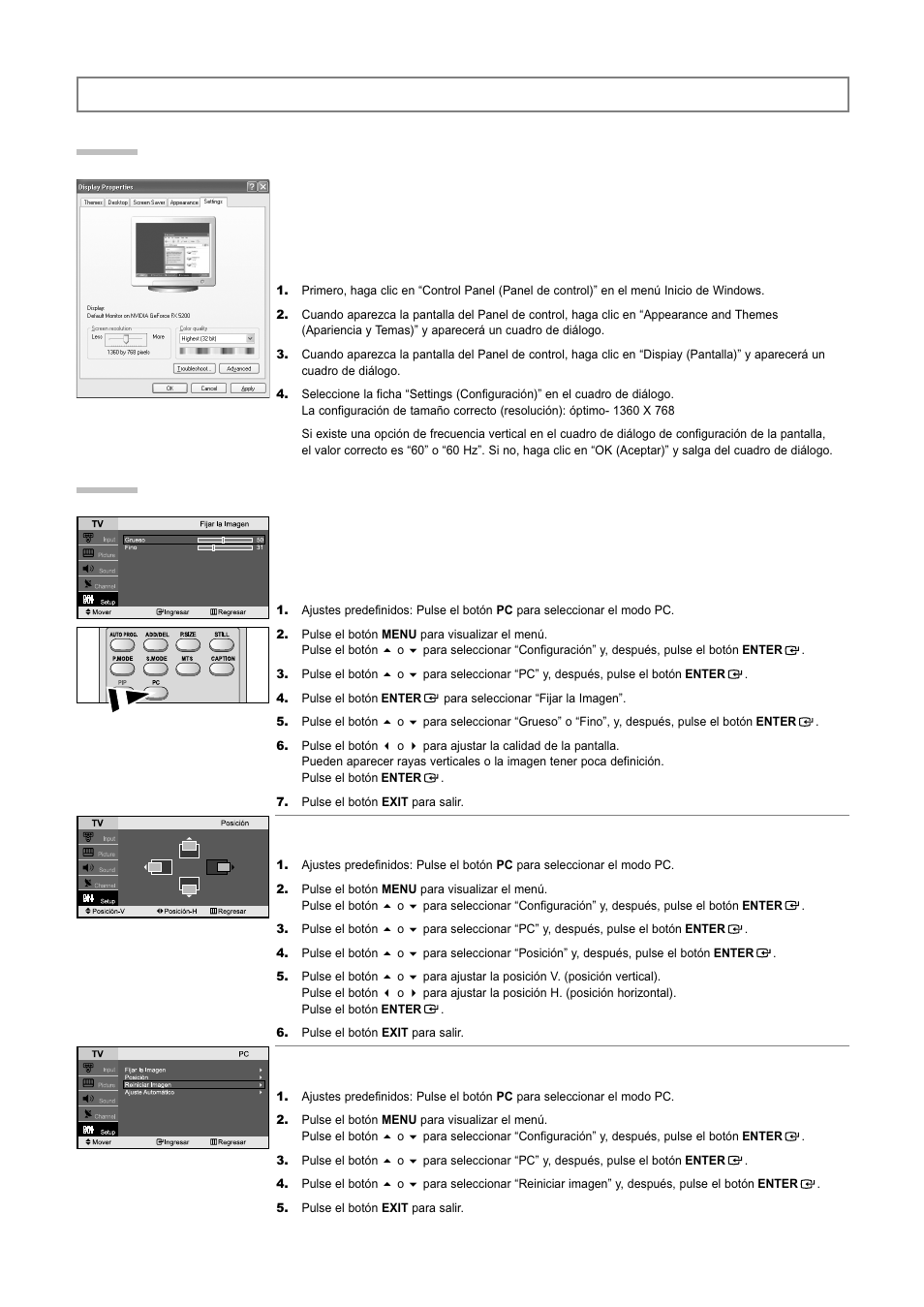 Pantalla de pc, Configuración del pc | Samsung LNR3255WX-XAA User Manual | Page 60 / 62