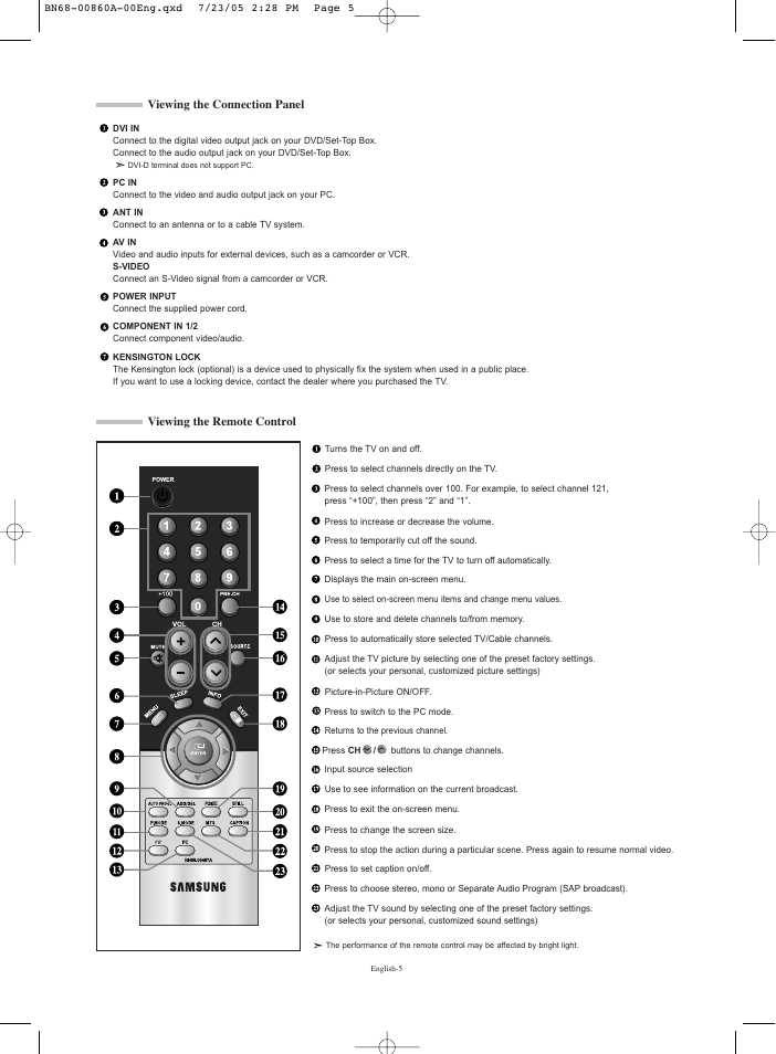 Viewing the remote control, Viewing the connection panel | Samsung LNR3255WX-XAA User Manual | Page 7 / 62
