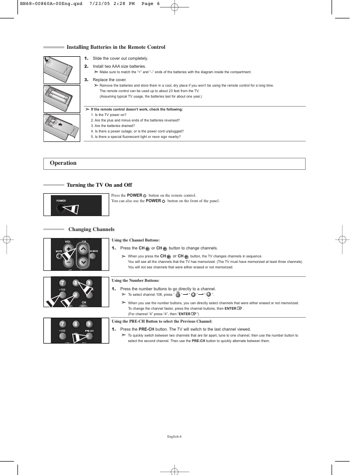 Installing batteries in the remote control, Operation, Turning the tv on and off | Changing channels | Samsung LNR3255WX-XAA User Manual | Page 8 / 62