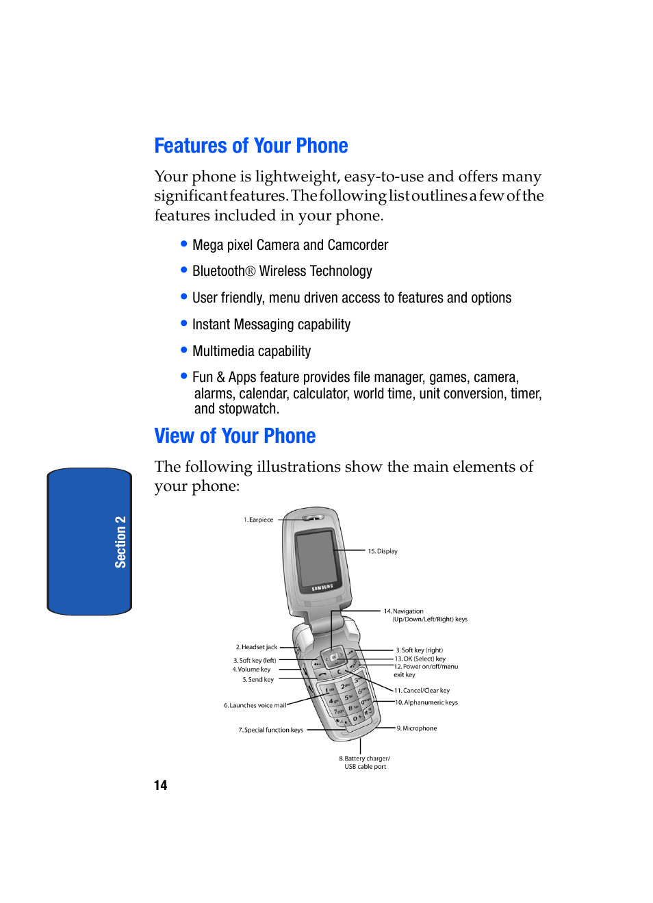 Features of your phone view of your phone, Features of your phone, View of your phone | Samsung SGH-T619SSBTMB User Manual | Page 18 / 212