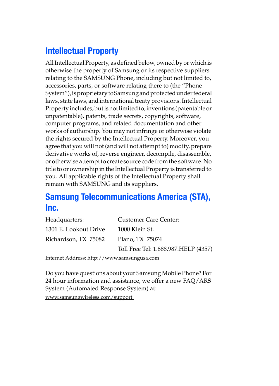 Intellectual property, Samsung telecommunications america (sta), inc | Samsung SGH-T619SSBTMB User Manual | Page 2 / 212