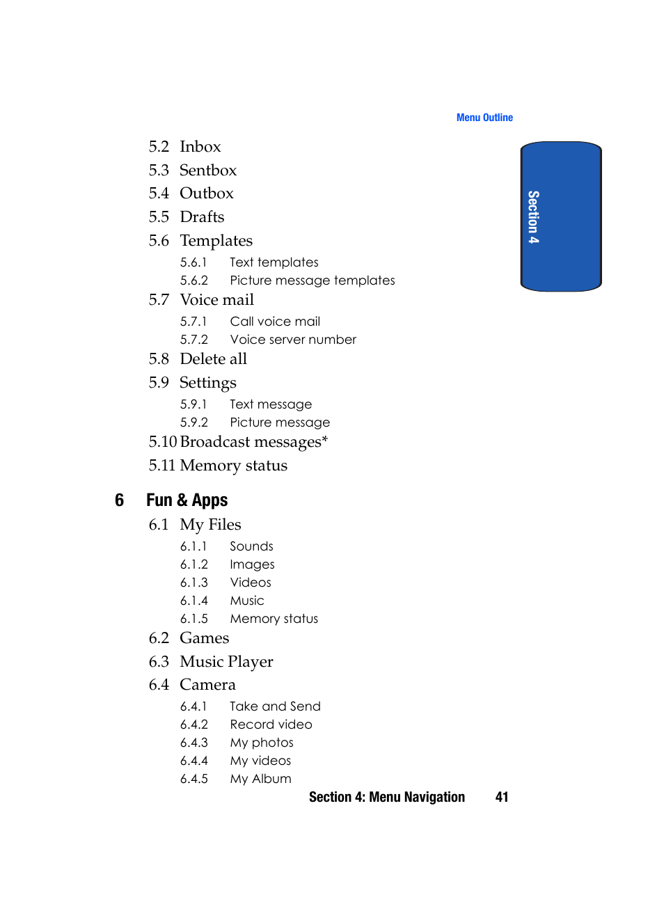 6fun & apps, 7 voice mail, 8 delete all 5.9 settings | 1 my files | Samsung SGH-T619SSBTMB User Manual | Page 45 / 212