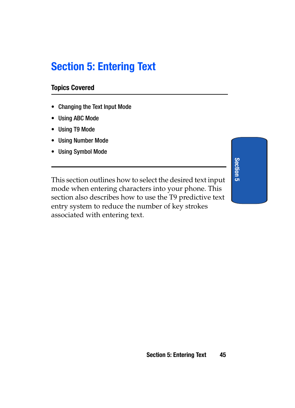 Section 5: entering text | Samsung SGH-T619SSBTMB User Manual | Page 49 / 212