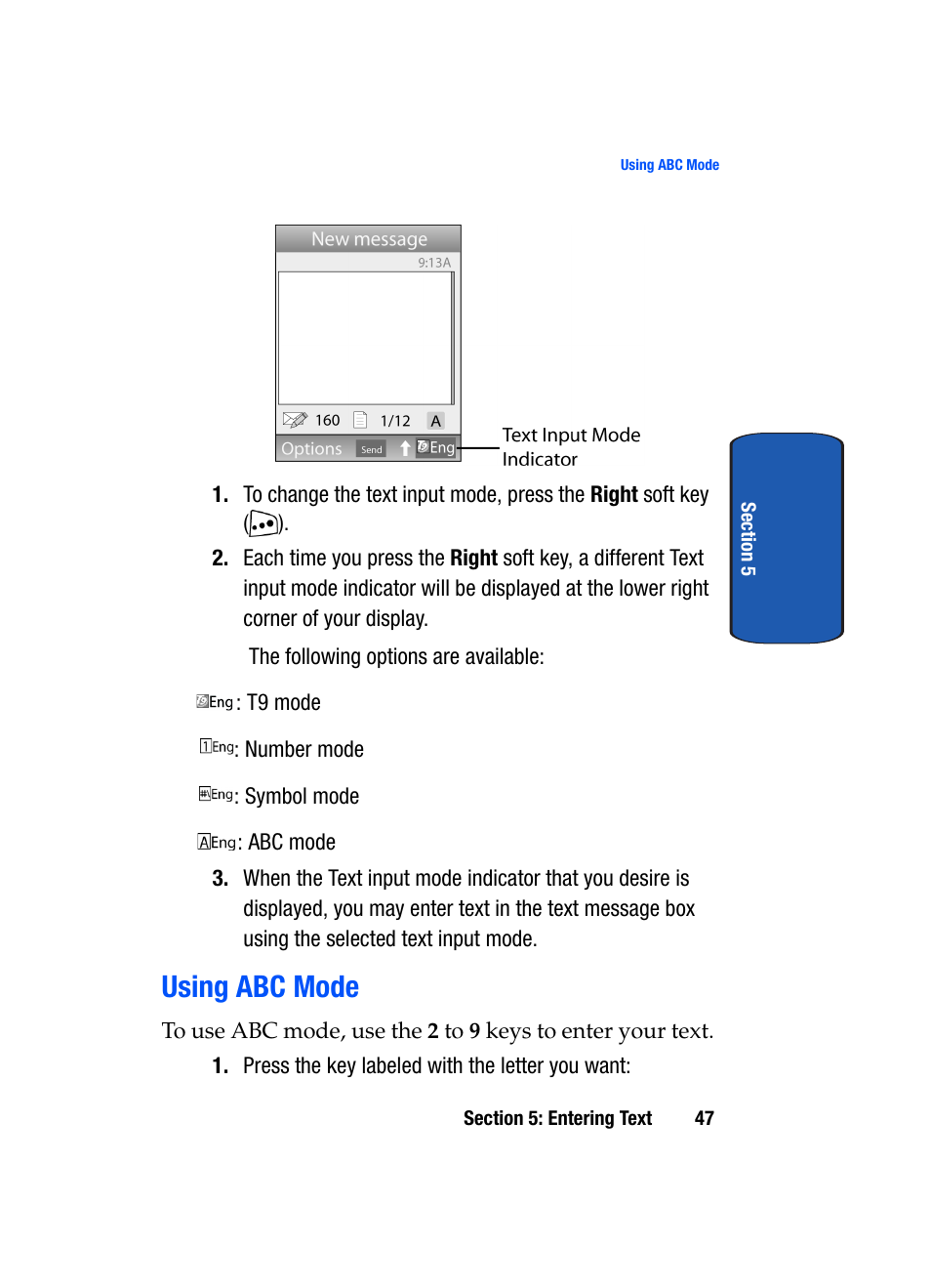 Using abc mode | Samsung SGH-T619SSBTMB User Manual | Page 51 / 212