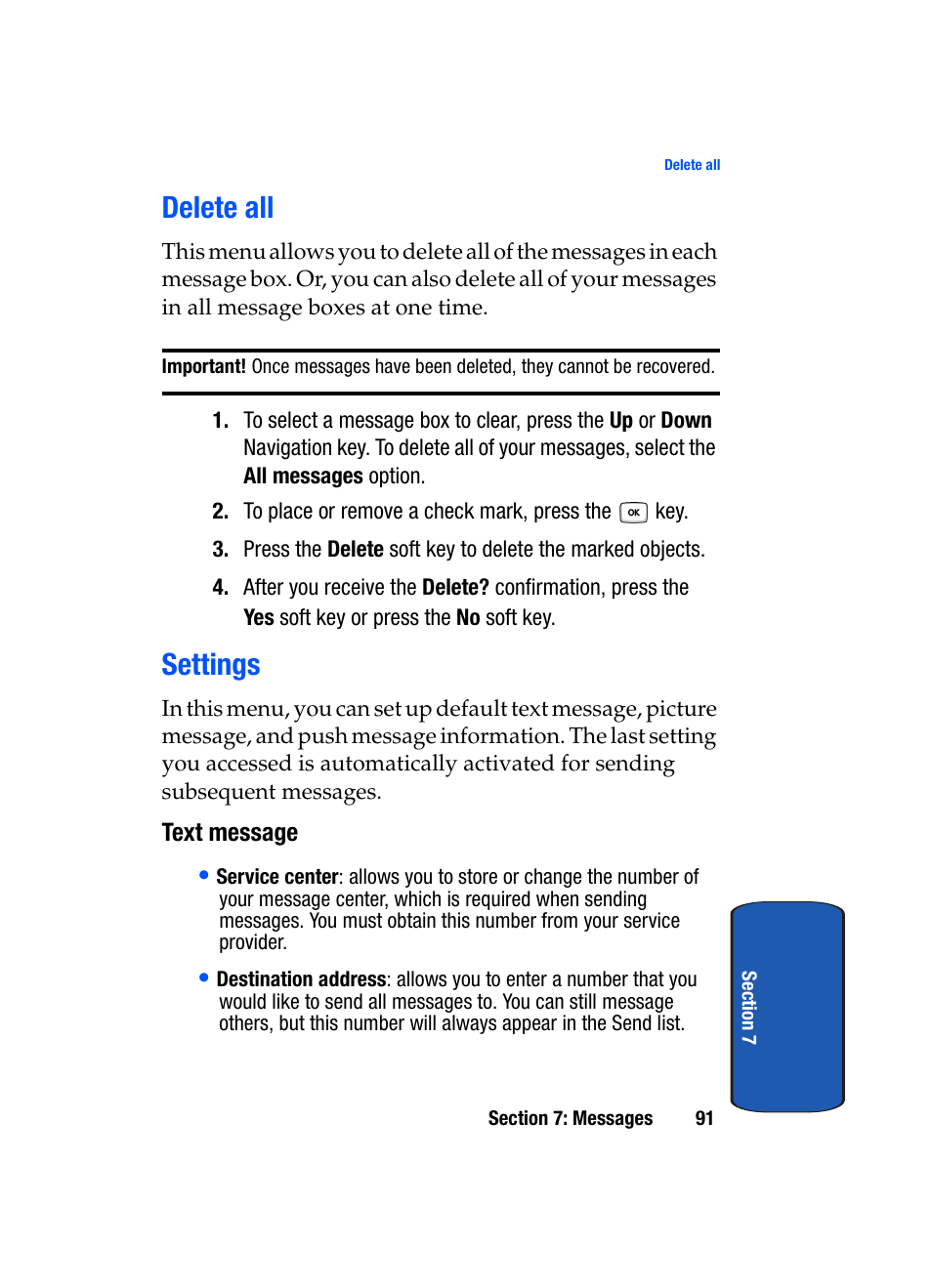 Delete all settings, Delete all, Settings | Samsung SGH-T619SSBTMB User Manual | Page 95 / 212