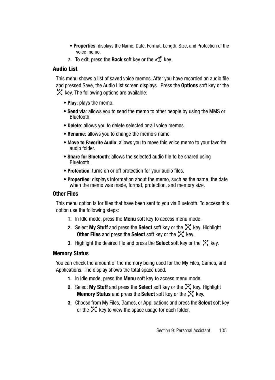 Other files memory status | Samsung SGH-D407ZKACIN User Manual | Page 105 / 146