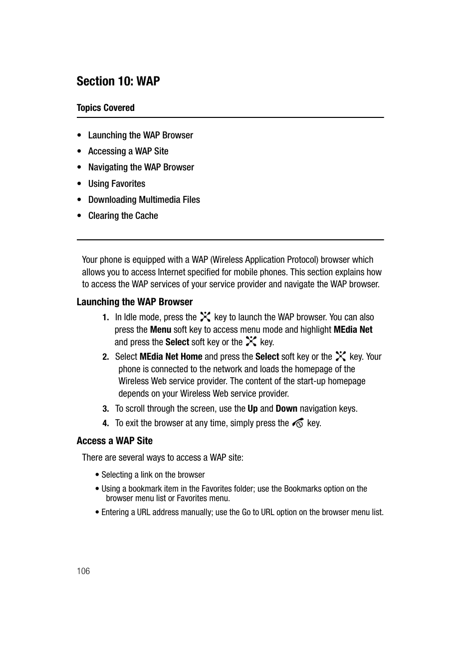 Section 10: wap, Launching the wap browser access a wap site | Samsung SGH-D407ZKACIN User Manual | Page 106 / 146