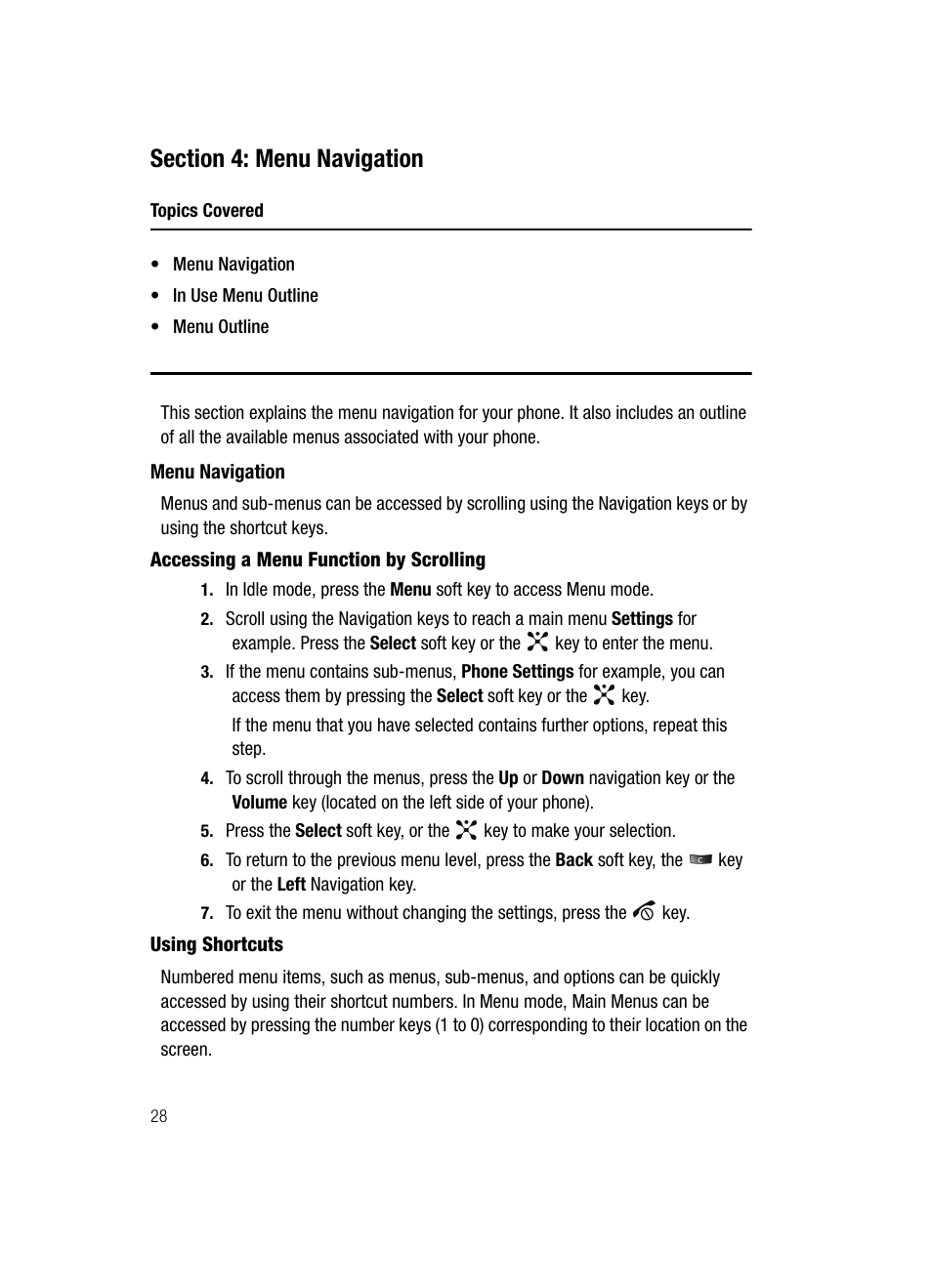 Section 4: menu navigation, Menu navigation | Samsung SGH-D407ZKACIN User Manual | Page 28 / 146