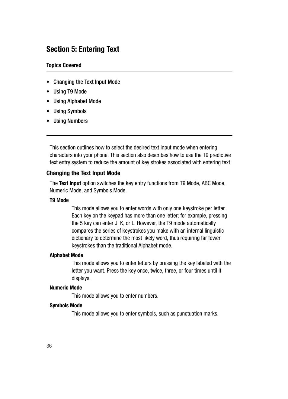 Section 5: entering text, Changing the text input mode | Samsung SGH-D407ZKACIN User Manual | Page 36 / 146