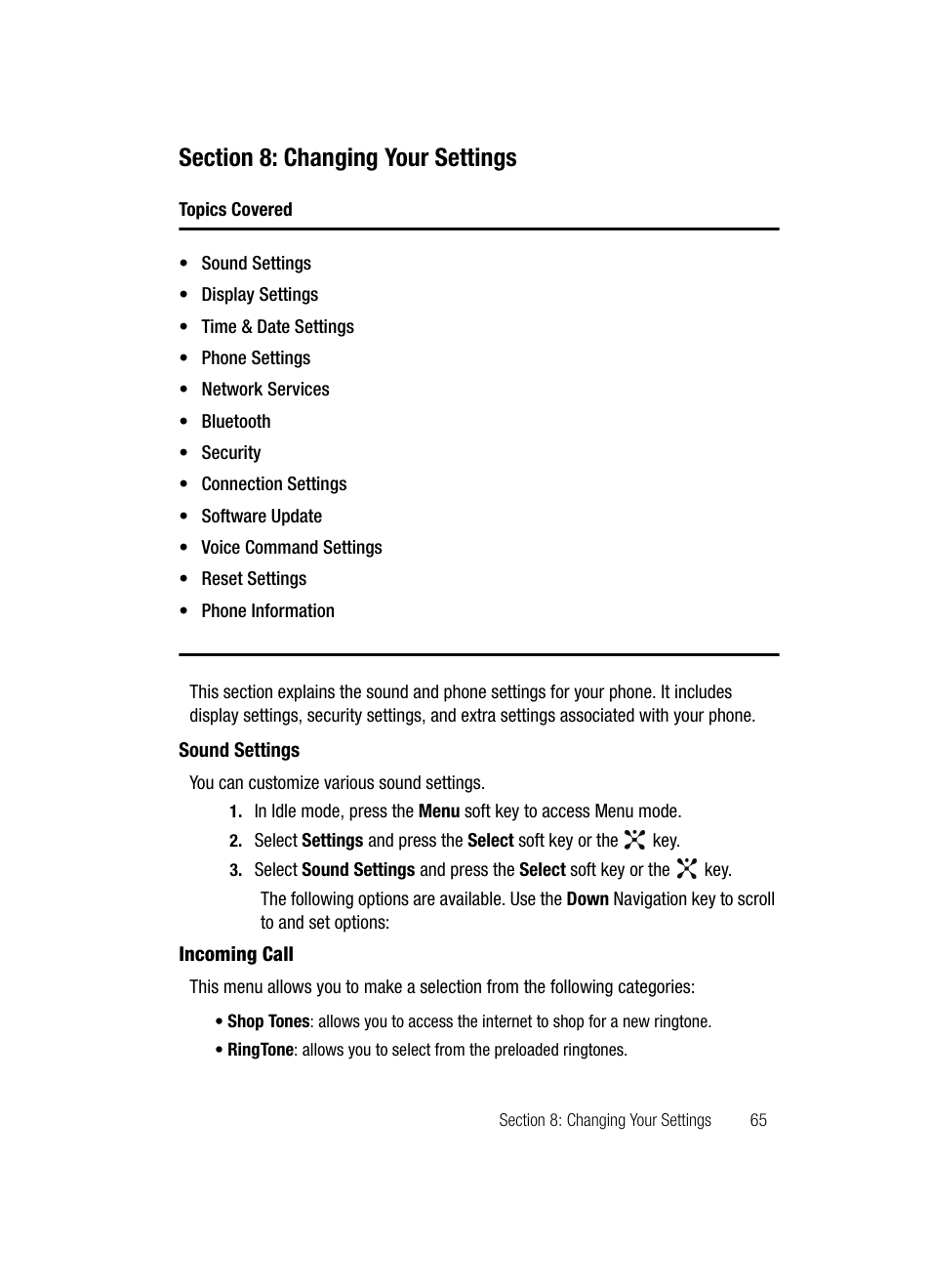 Section 8: changing your settings, Sound settings | Samsung SGH-D407ZKACIN User Manual | Page 65 / 146