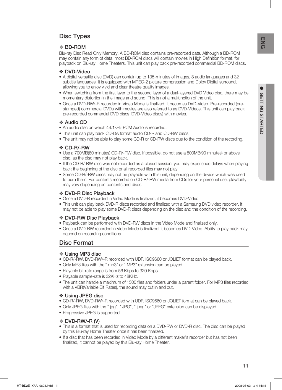 Disc types, Disc format | Samsung HT-BD2ET-XAA User Manual | Page 11 / 66