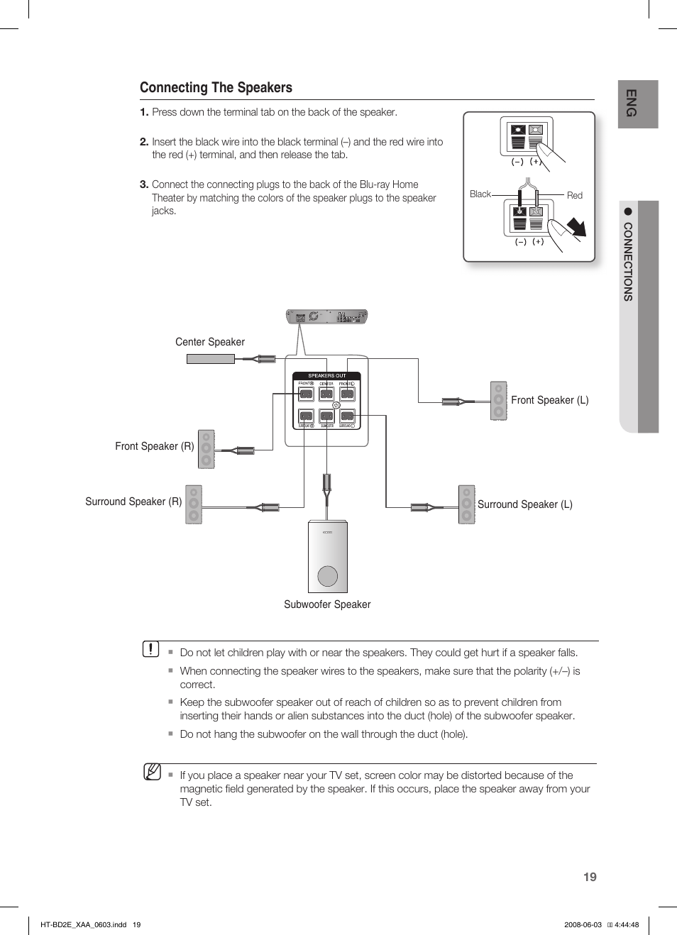 Connecting the speakers | Samsung HT-BD2ET-XAA User Manual | Page 19 / 66