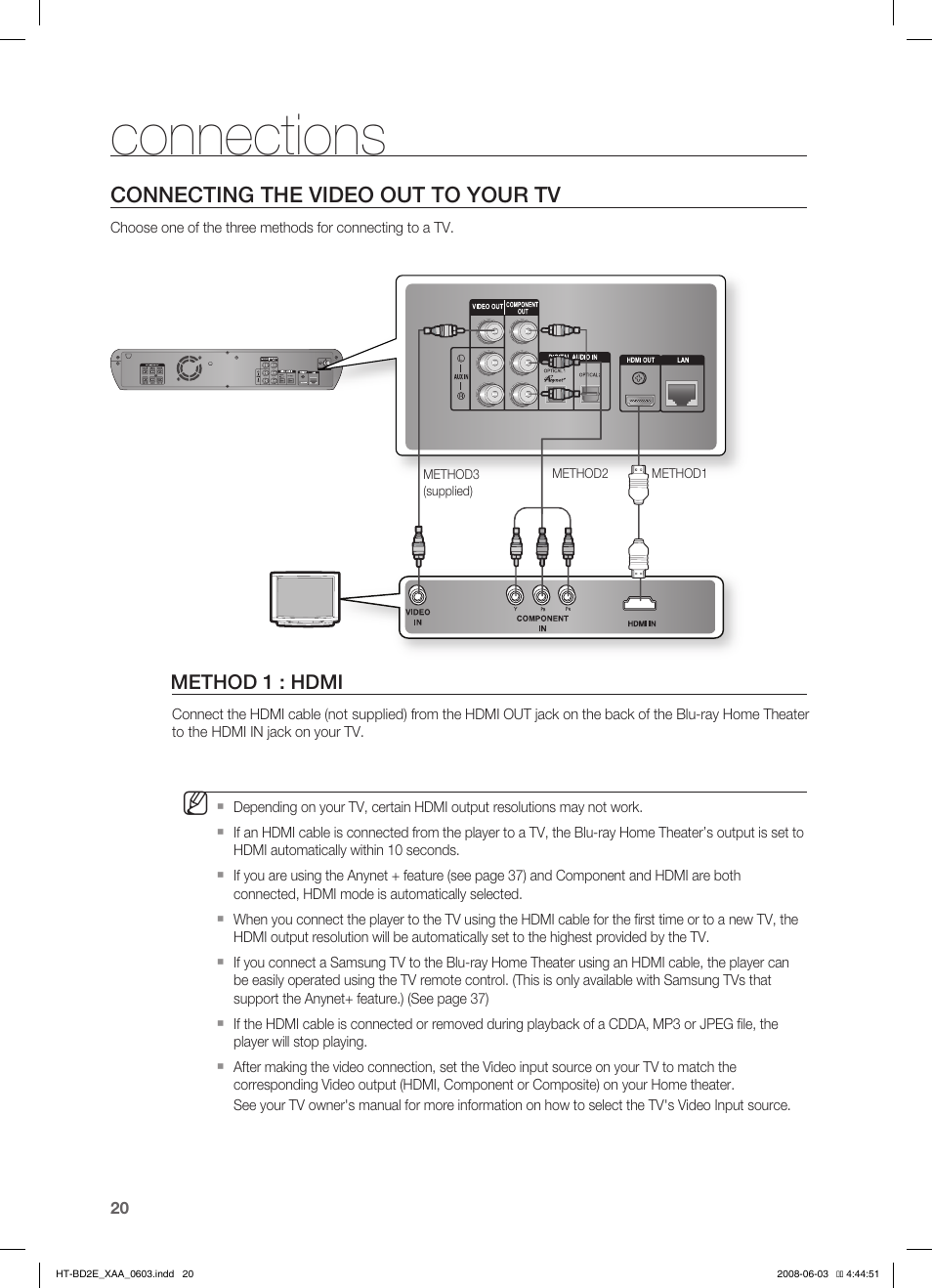 Conecting the video out to your tv, Connections | Samsung HT-BD2ET-XAA User Manual | Page 20 / 66