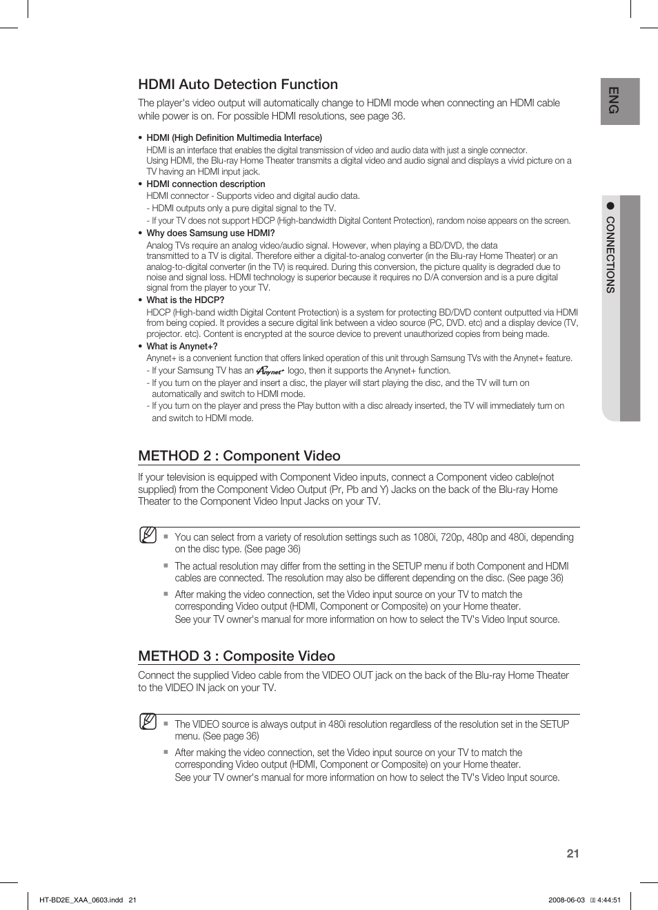 Hdmi auto detection function, Method 2 : component video, Method 3 : composite video | Samsung HT-BD2ET-XAA User Manual | Page 21 / 66