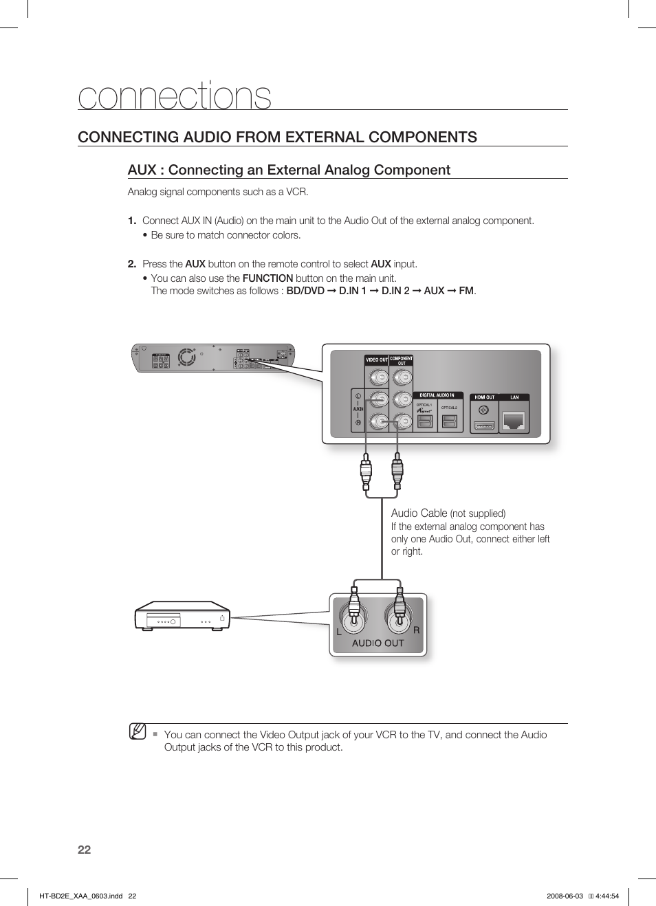 Conecting audio from external components, Connections, Connecting audio from external components | Samsung HT-BD2ET-XAA User Manual | Page 22 / 66