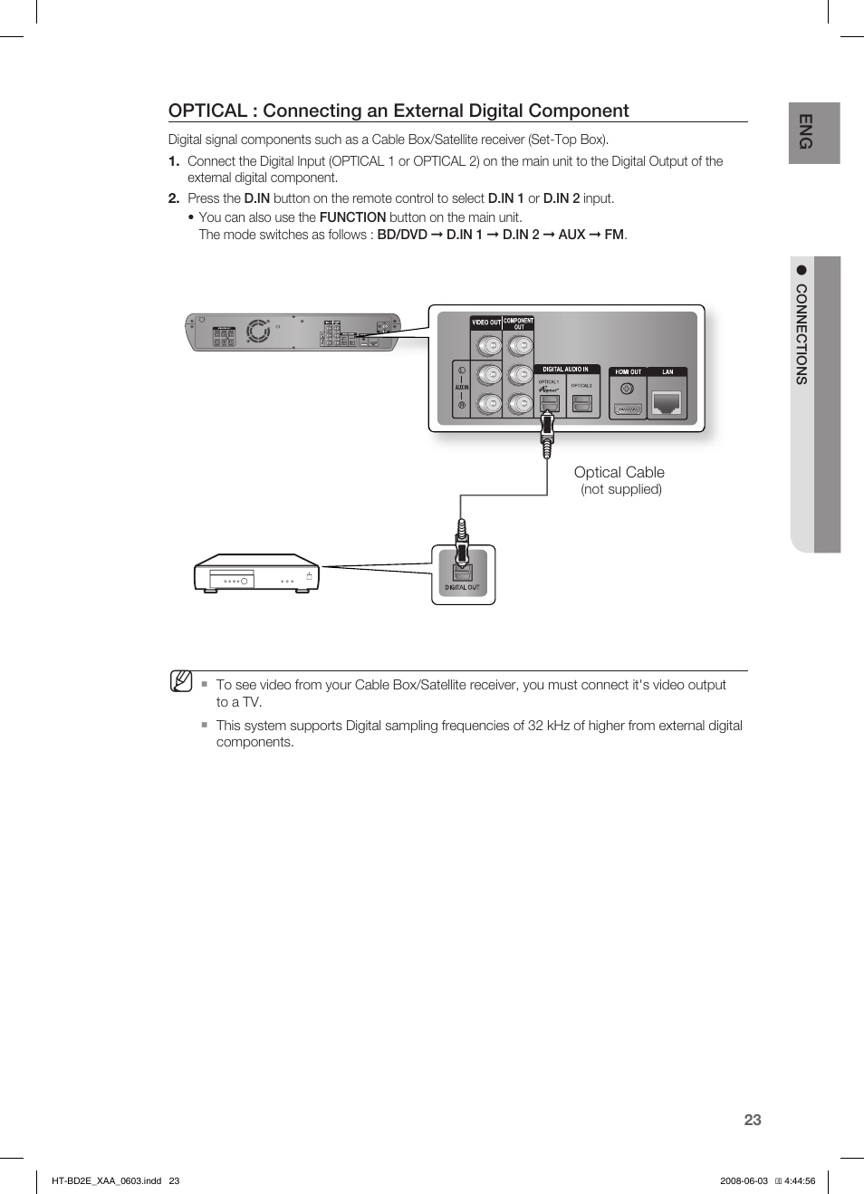 Optical : connecting an external digital component | Samsung HT-BD2ET-XAA User Manual | Page 23 / 66