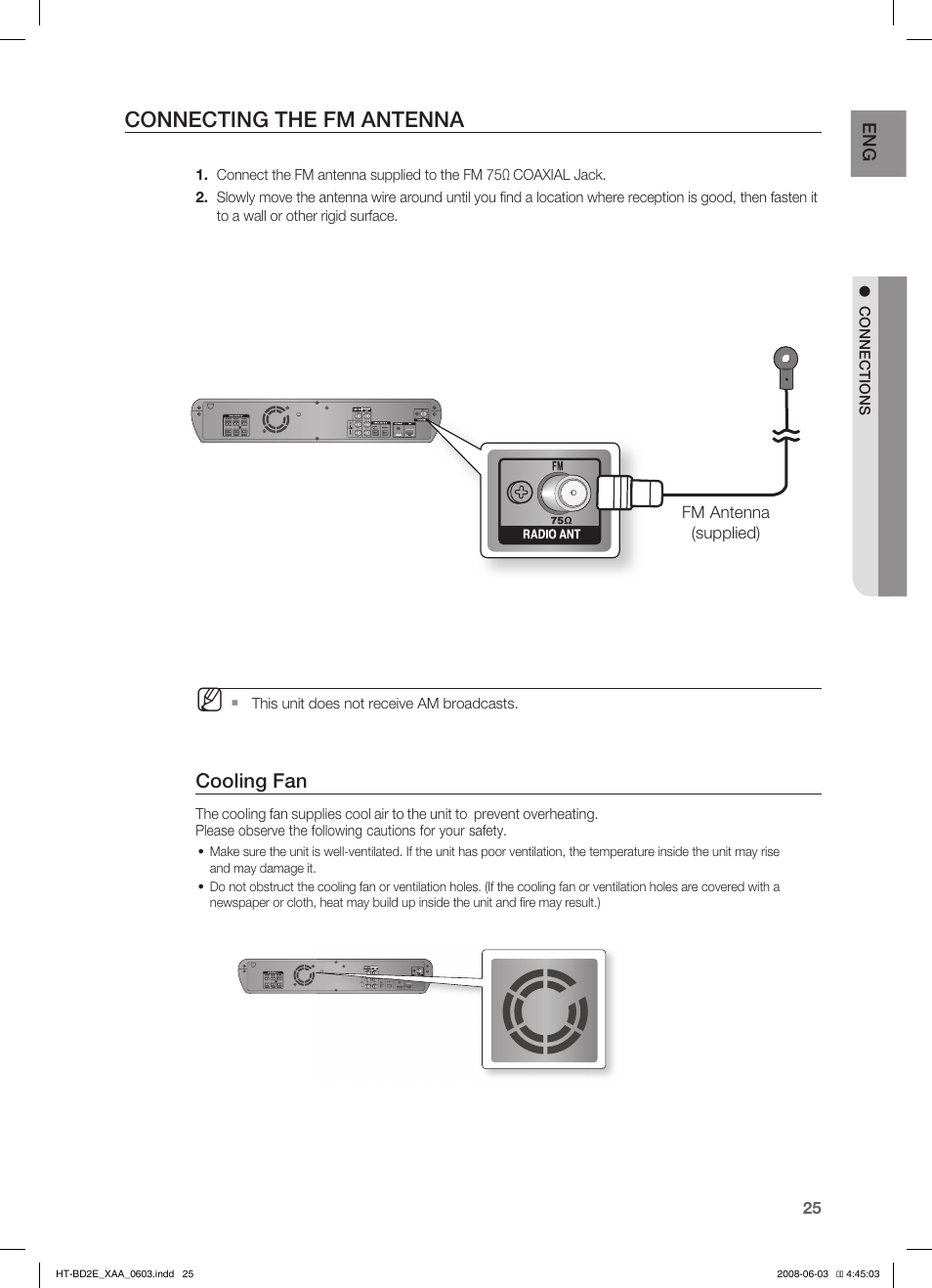 Conecting the fm antena, Connecting the fm antenna, Cooling fan | Samsung HT-BD2ET-XAA User Manual | Page 25 / 66