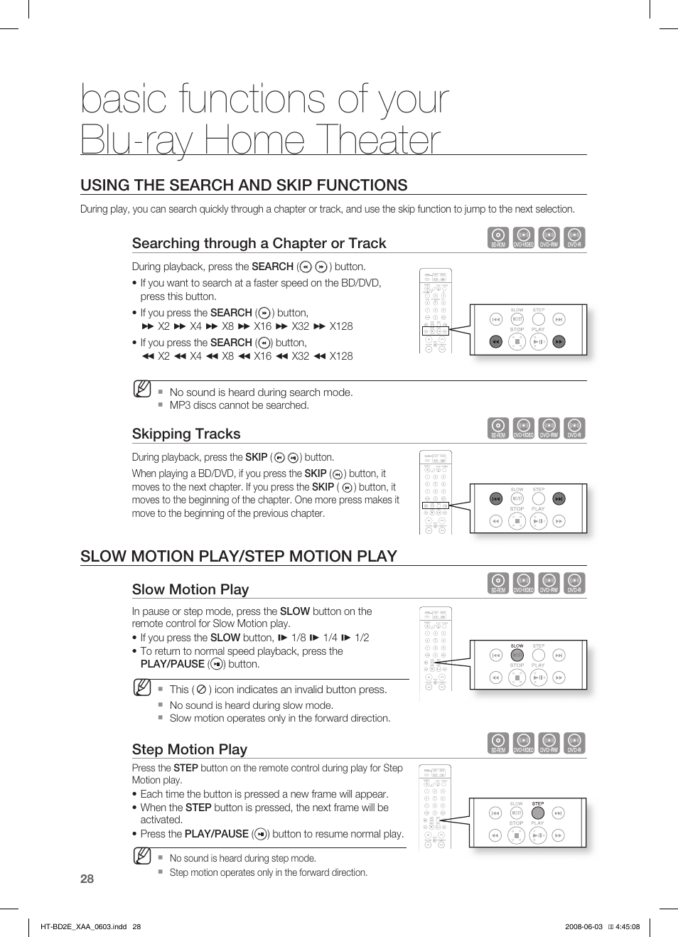 Using the search and skip functions, Slow motion play/step motion play, Basic functions of your blu-ray home theater | Hzcv | Samsung HT-BD2ET-XAA User Manual | Page 28 / 66