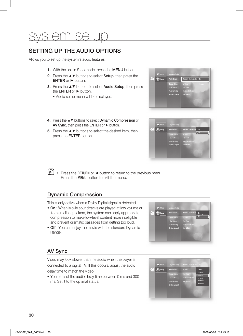 Setting up the audio options, System setup, Dynamic compression | Av sync | Samsung HT-BD2ET-XAA User Manual | Page 30 / 66