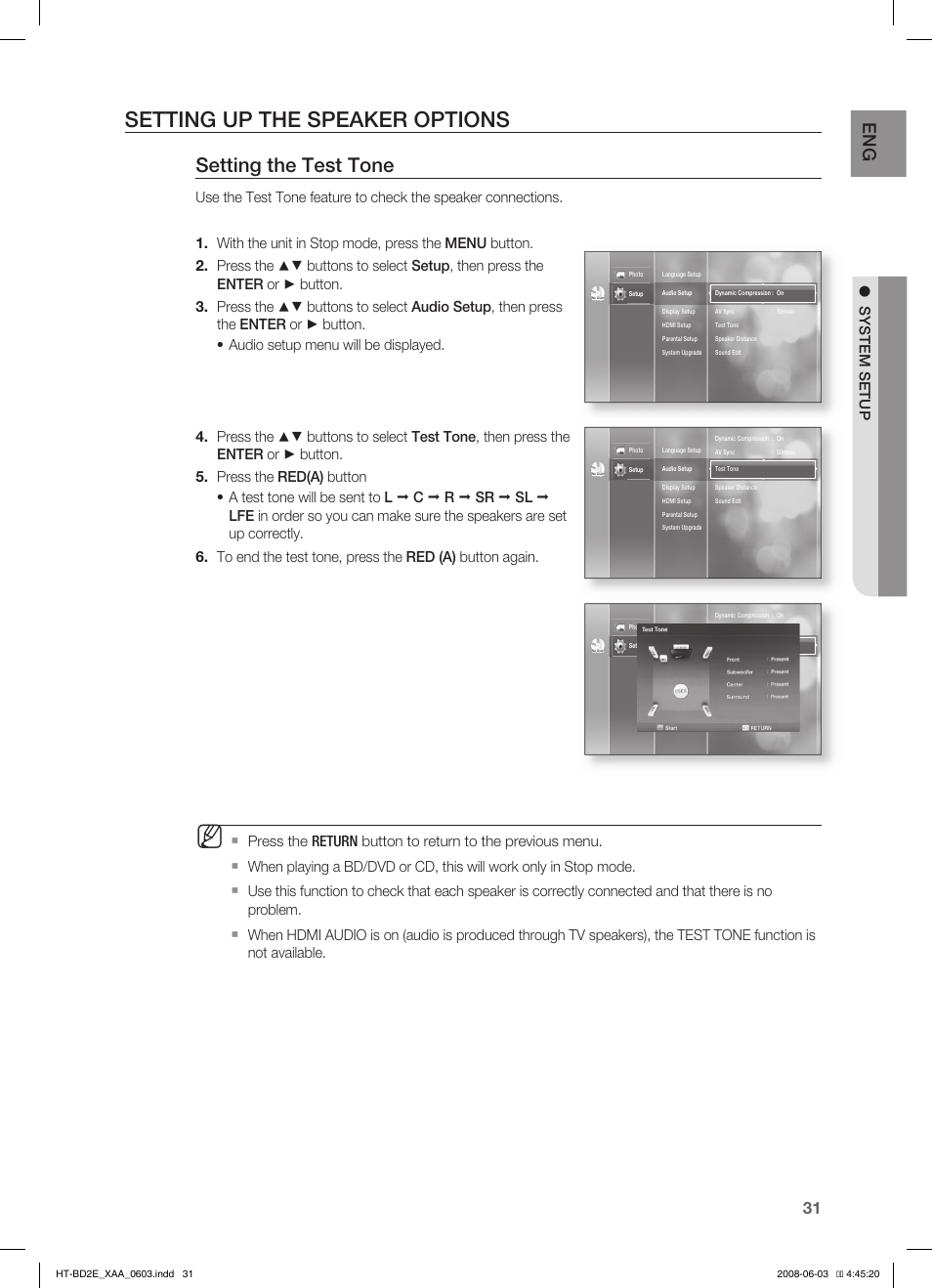 Setting up the speaker options, Setting the test tone, System setup | Samsung HT-BD2ET-XAA User Manual | Page 31 / 66