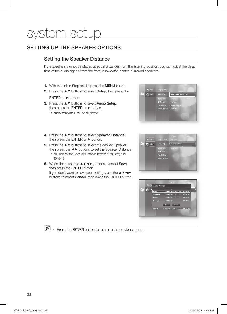 Setting up the speaker options, System setup, Setting the speaker distance | Samsung HT-BD2ET-XAA User Manual | Page 32 / 66