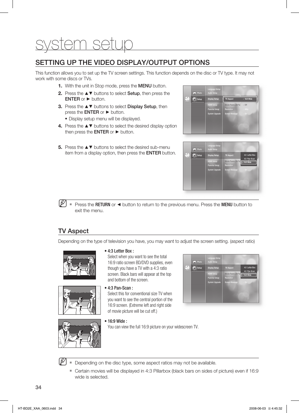 Setting up the video display/output options, System setup, Tv aspect | Samsung HT-BD2ET-XAA User Manual | Page 34 / 66