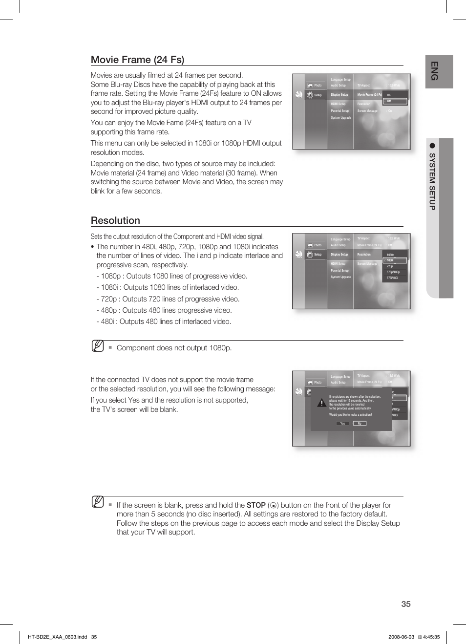 Movie frame (24 fs), Resolution, System setup | Samsung HT-BD2ET-XAA User Manual | Page 35 / 66