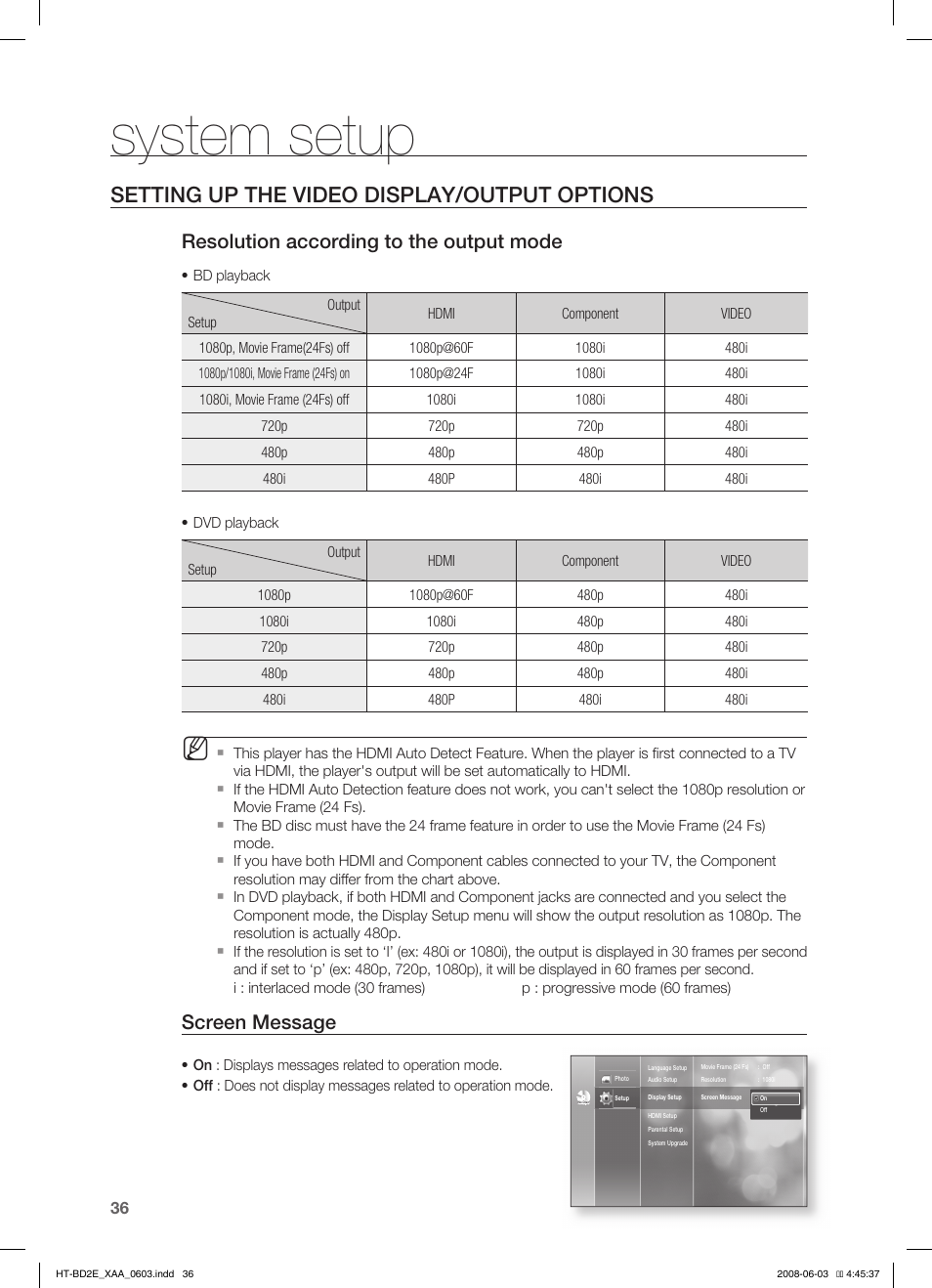 Setting up the video display/output options, System setup, Resolution according to the output mode | Screen message | Samsung HT-BD2ET-XAA User Manual | Page 36 / 66