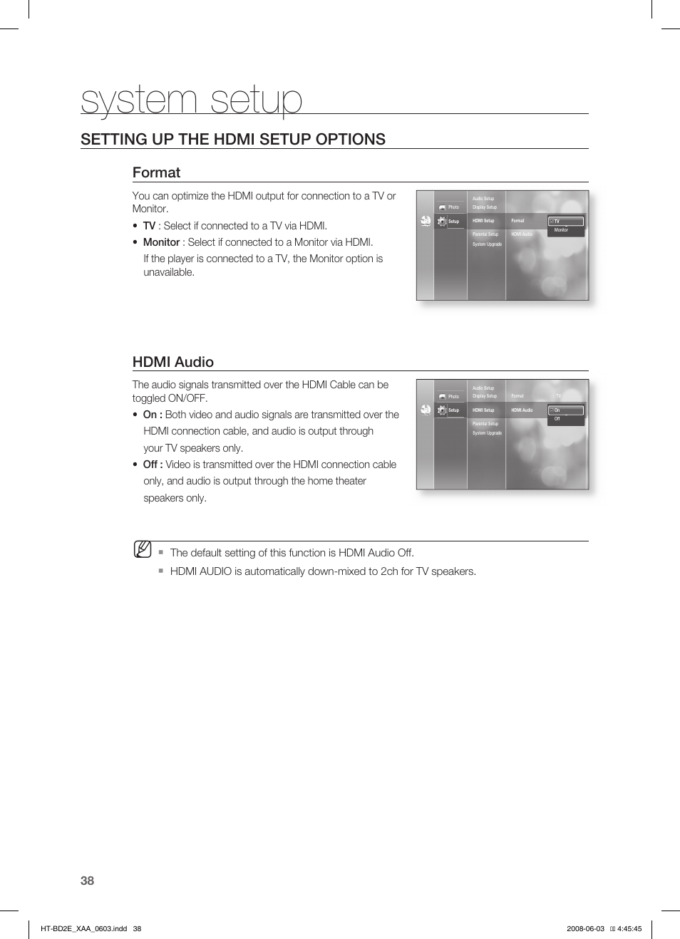 Setting up the hdmi setup options, System setup, Format | Hdmi audio | Samsung HT-BD2ET-XAA User Manual | Page 38 / 66