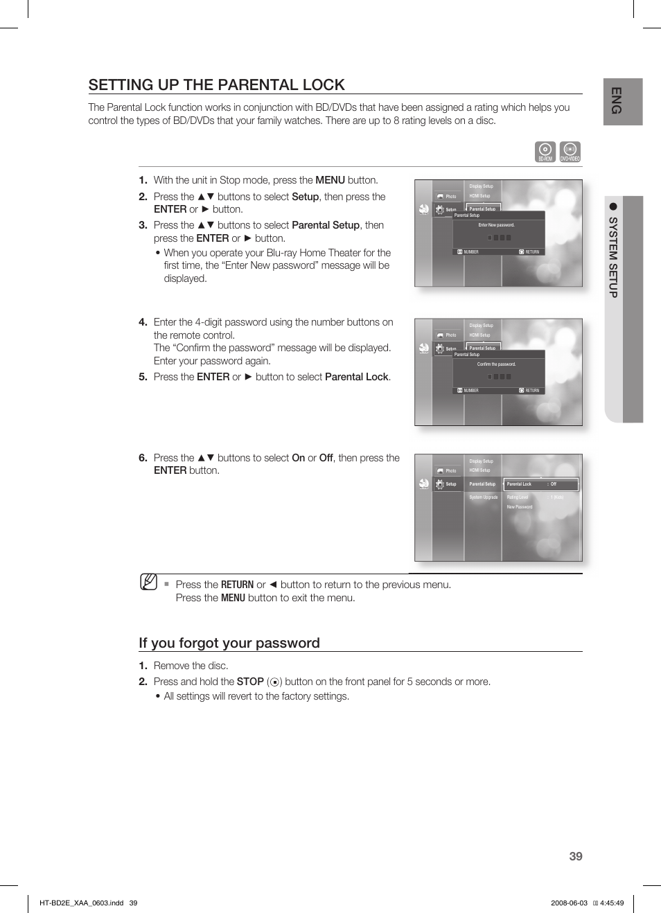 Setting up the parental lock, If you forgot your password, System setup | Samsung HT-BD2ET-XAA User Manual | Page 39 / 66