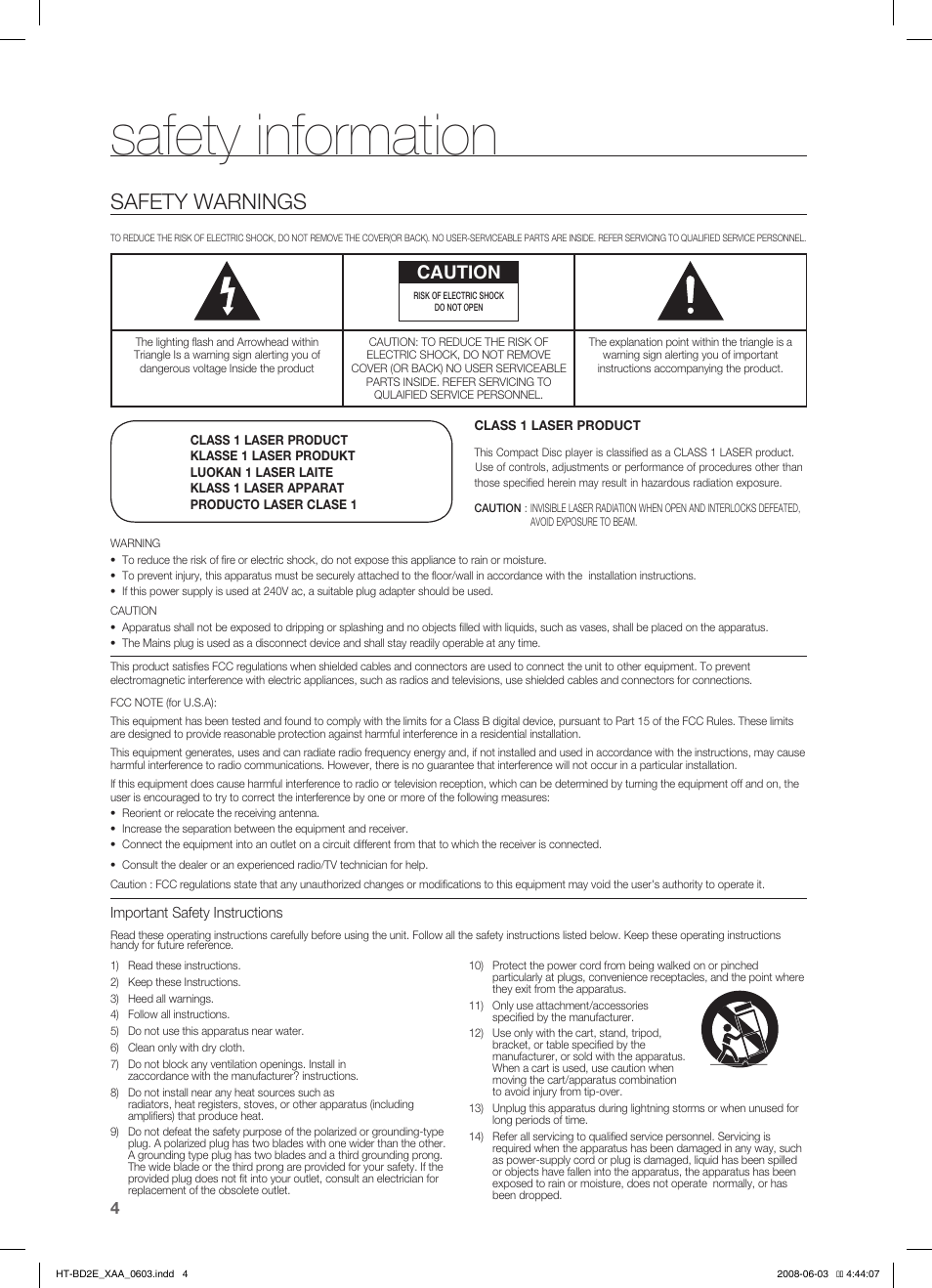 Safety information, Safety warnings, Caution | Samsung HT-BD2ET-XAA User Manual | Page 4 / 66