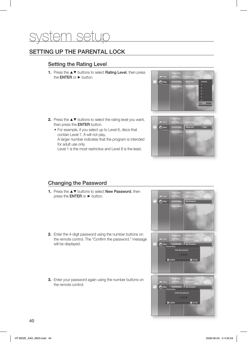 Setting up the parental lock, System setup, Setting the rating level | Changing the password | Samsung HT-BD2ET-XAA User Manual | Page 40 / 66