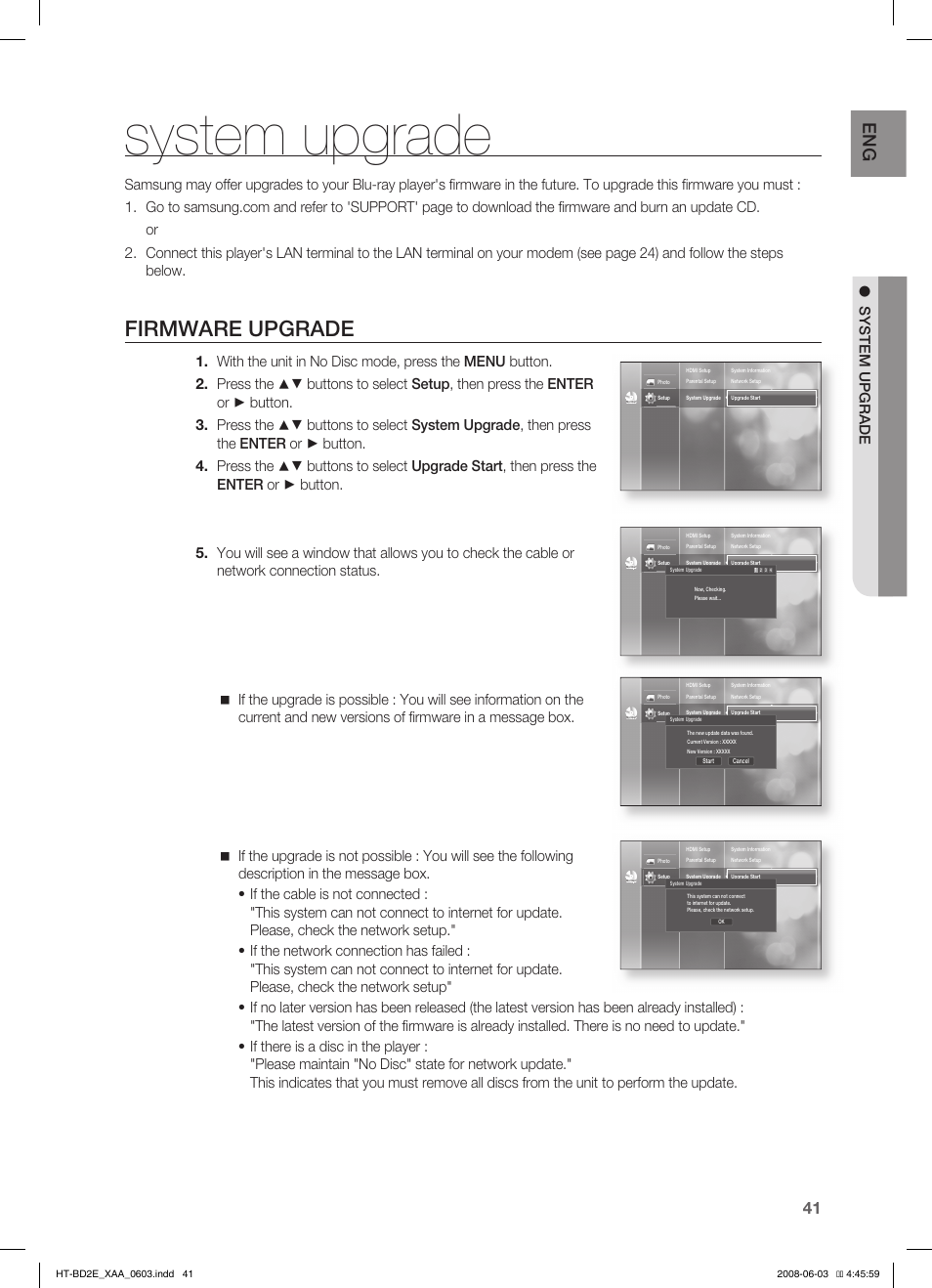 System upgrade, Firmware upgrade | Samsung HT-BD2ET-XAA User Manual | Page 41 / 66