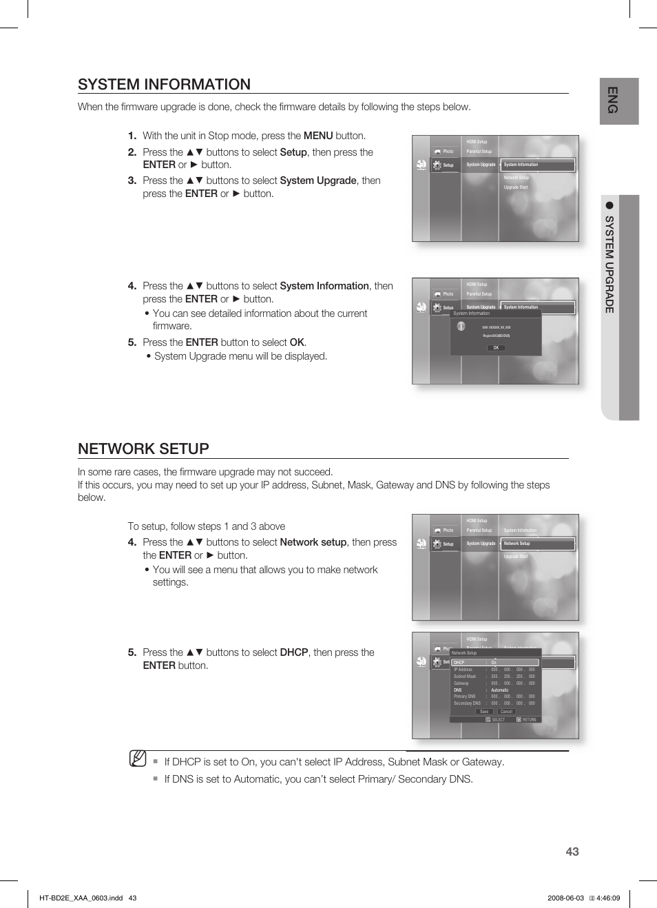 System information, Network setup, System upgrade | Samsung HT-BD2ET-XAA User Manual | Page 43 / 66