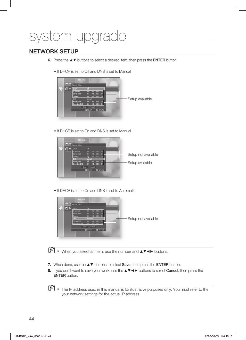 Network setup, System upgrade, Setup not available setup available | Setup not available, Setup available | Samsung HT-BD2ET-XAA User Manual | Page 44 / 66